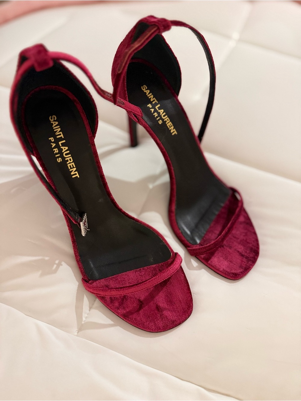 Saint Laurent Burgundy Velvet Strappy Heels